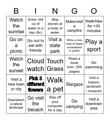 June Touch Grass Bingo Card