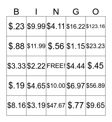 Money Bingo  Bingo Card