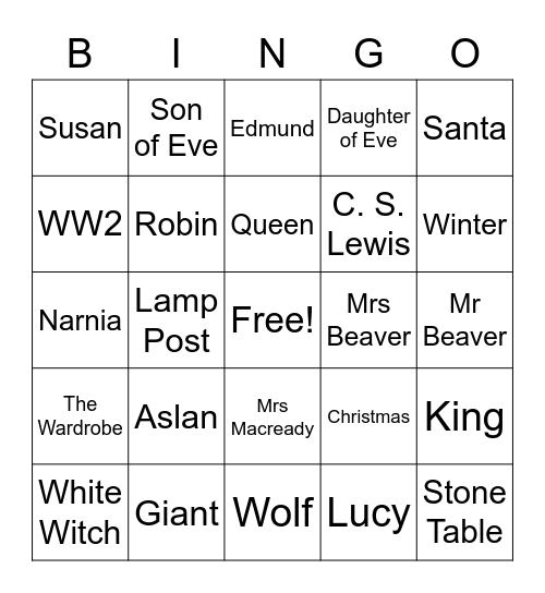 The Lion, The Witch and The Wardrobe Bingo Card
