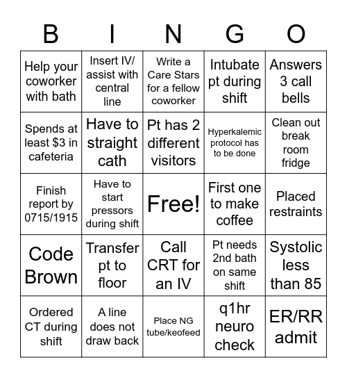 Day Shift RN Bingo Card