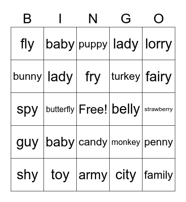 Find it, and make it plural - "y" Bingo Card