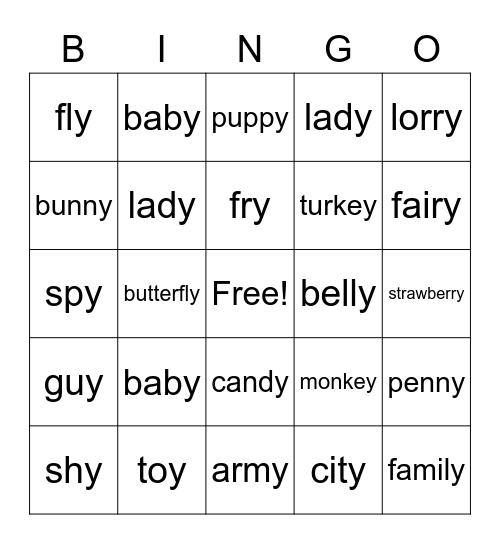 Find it, and make it plural - "y" Bingo Card