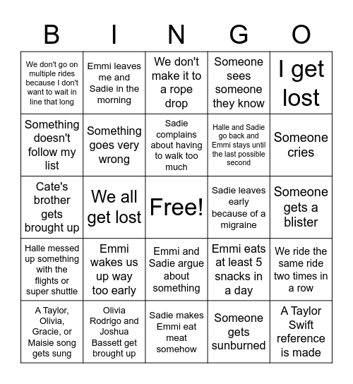 Disneyland Bingo Card