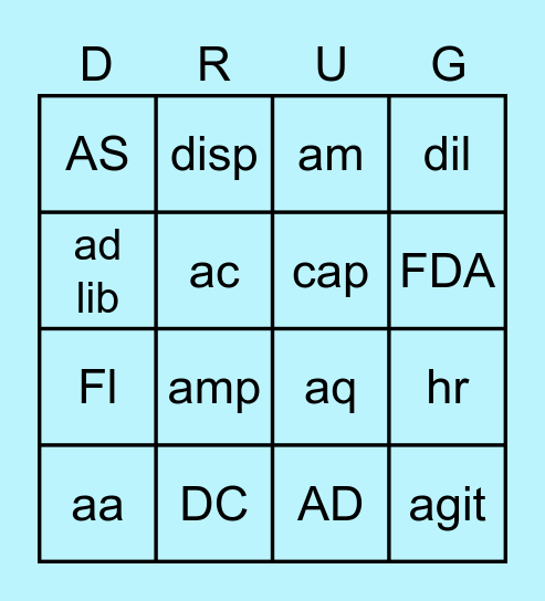 Rx Abbreviations Bingo Card