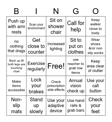 Fall Prevention Bingo Card
