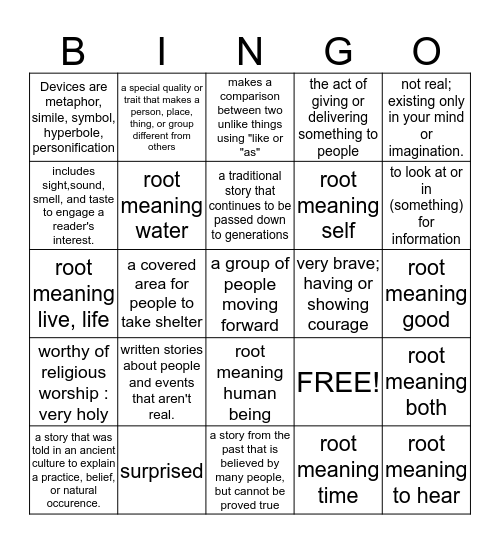 Vocabulary Bingo 9/4/15 Bingo Card