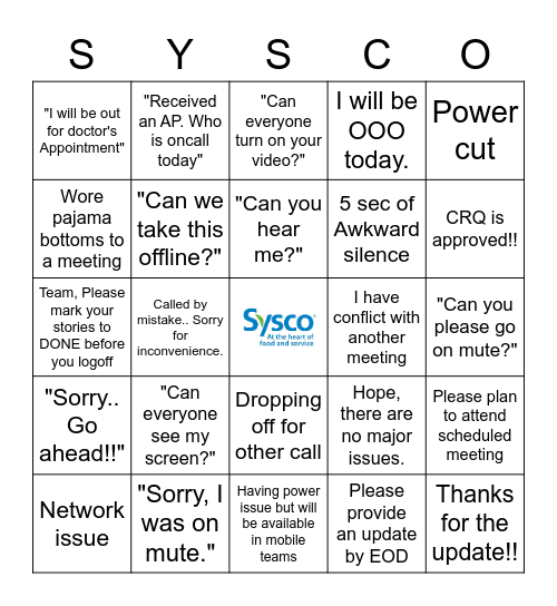 SYSCO - Pricing - WFH Bingo Card