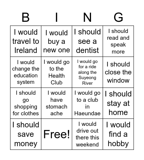 Giving Advice Bingo Card