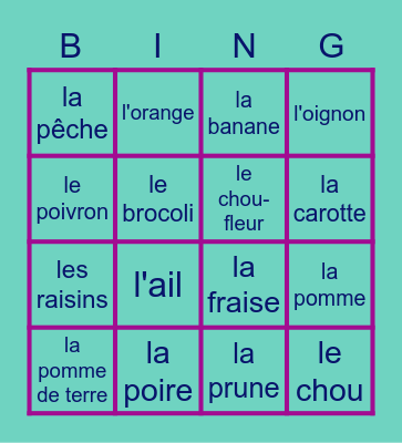 Les fruits et les legumes Bingo Card