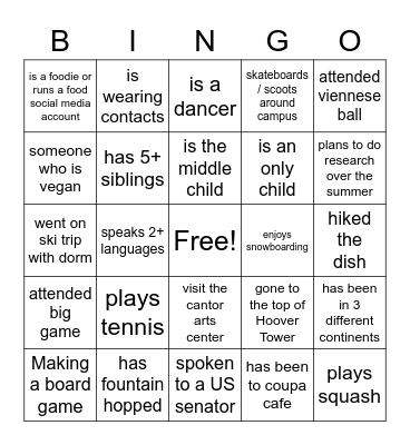 IntroSems Plus Spring 2022 Bingo Card