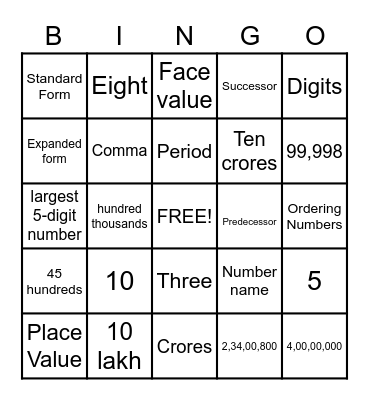 Large numbers Bingo Card