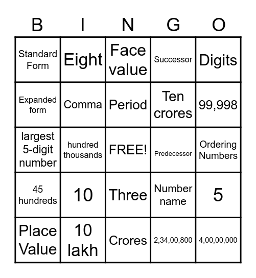 Large numbers Bingo Card