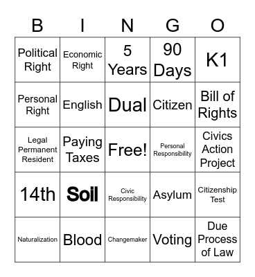 US Citizenship Bingo Card