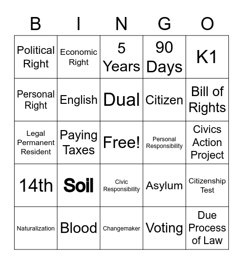 US Citizenship Bingo Card