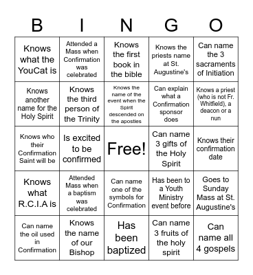 Confirmation Bingo Card