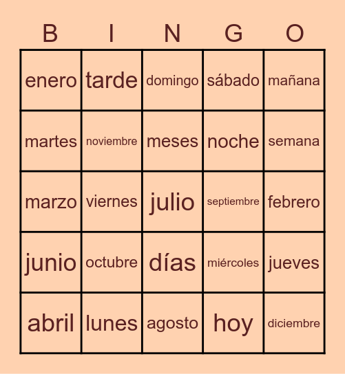 Días y Meses (español) Bingo Card