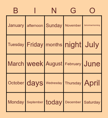 Días y Meses (inglés) Bingo Card