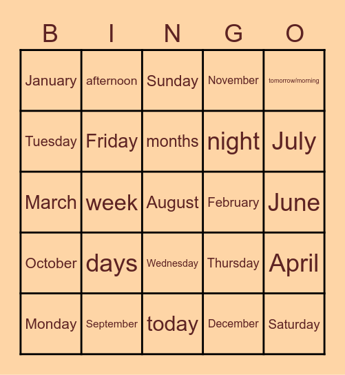 Días y Meses (inglés) Bingo Card