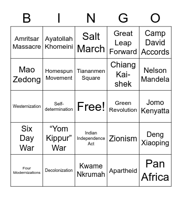 Decolonization and Nationalism Bingo Card