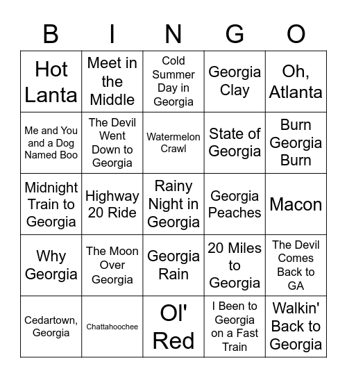 Georgia Playlist Bingo Card