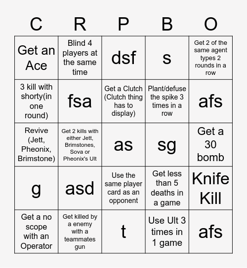 Valorant Bingo Card