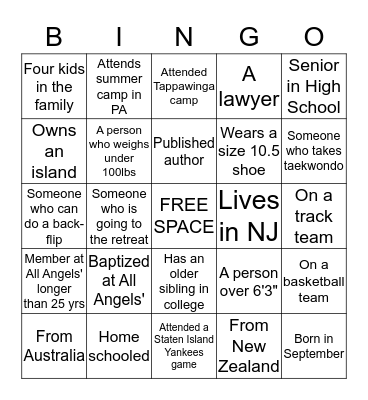 Youth Group Bingo Card