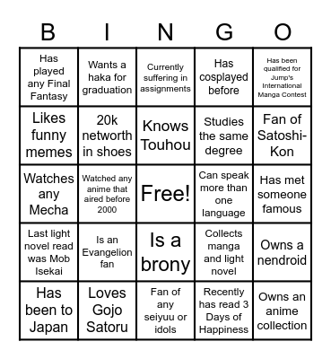 Anime Club Bingo Card