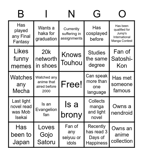 Anime Club Bingo Card