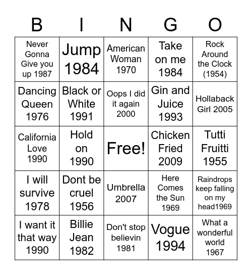 Music Through The Decades Bingo Card