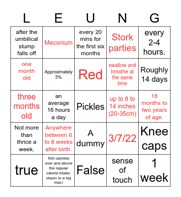 Baby Leung Shower Bingo Card