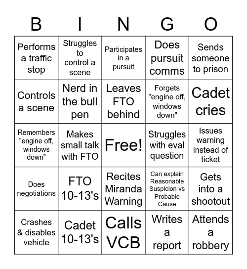 Cadet Final Eval Bingo Card