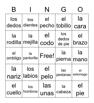 La Cara/El Cuerpo Bingo Card
