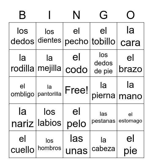 La Cara/El Cuerpo Bingo Card