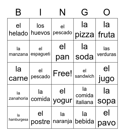 Comidas y Bebidas Bingo Card
