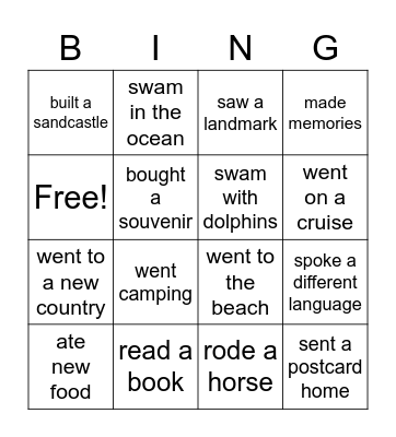What did you do on vacation? Bingo Card
