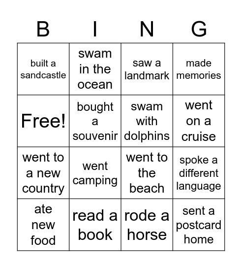 What did you do on vacation? Bingo Card