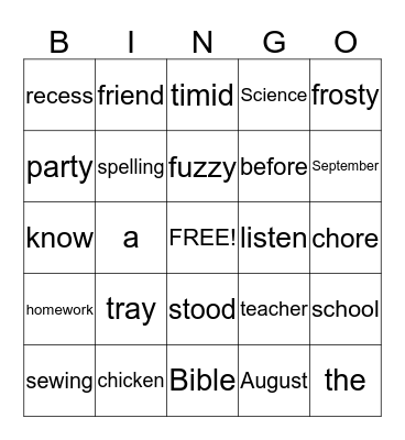 Spelling 2 - List 1 & sight words Bingo Card