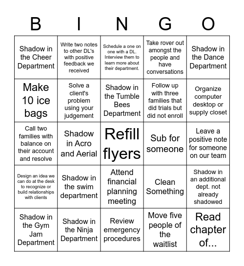 Team Hospitality Bingo Challenge Bingo Card