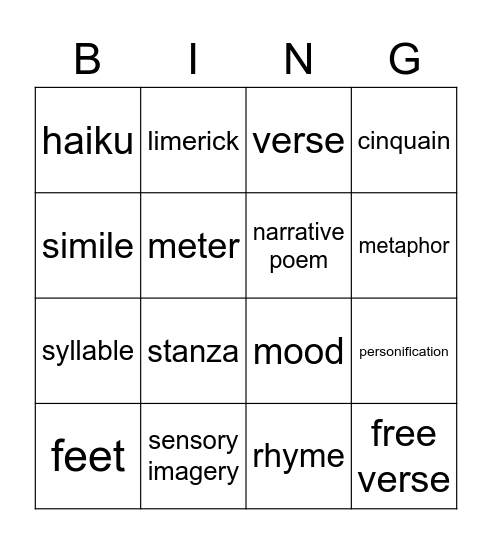 Poetry Vocab Bingo Card