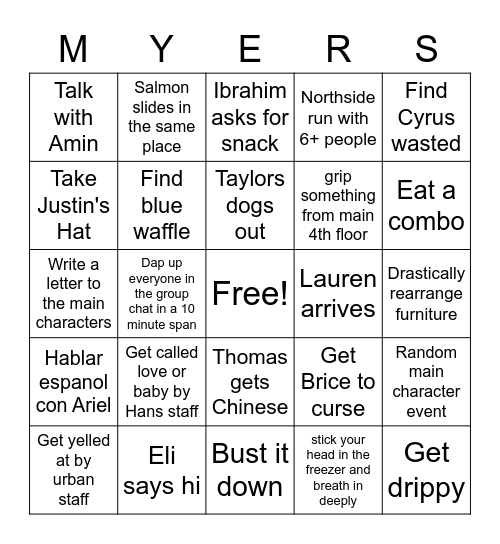Myers Bingo Card