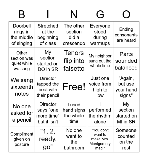 Rehearsal Bingo Card