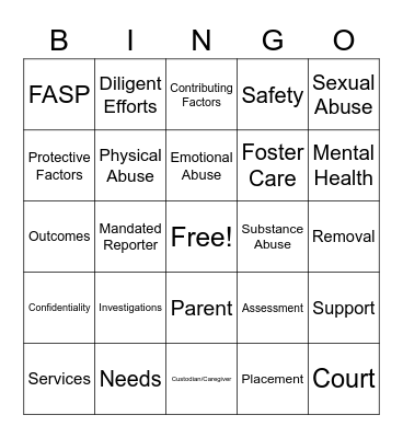 Child Abuse & Neglect Bingo Card