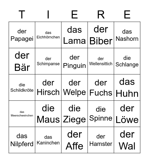 die Tiere - German 1B Bingo Card