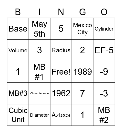 Cinco de Mayo Math Bingo Card