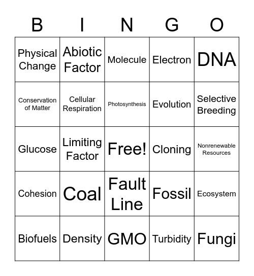 EOG 8th Science Vocab Review Bingo Card