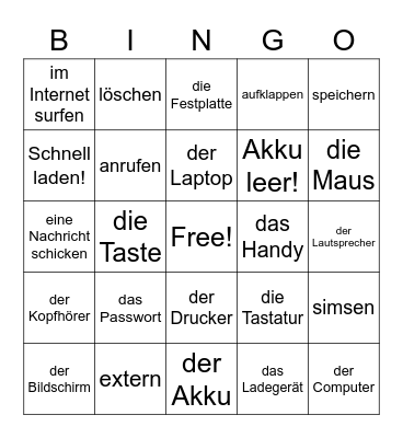 German Computer Vocabulary Bingo Card