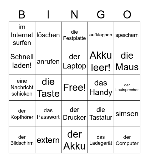 German Computer Vocabulary Bingo Card