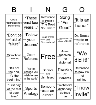 Anna's Graduation Bingo Card