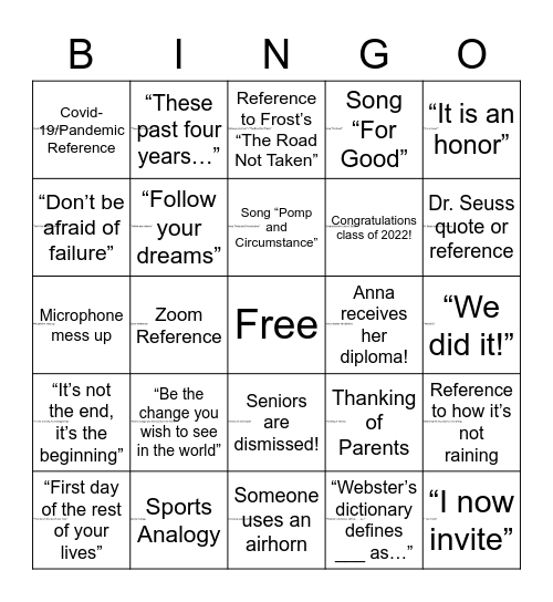 Anna's Graduation Bingo Card