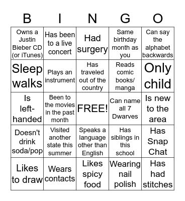 Get Off Your Feet Bingo Card